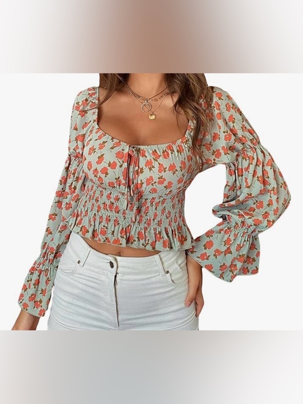SHEIN Floral Puff Sleeve Milkmaid Crop Top - Green & Orange - Size S